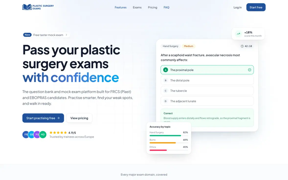 نمونه کار پلتفرم بانک سؤال و آزمون آزمایشی Plastic Surgery Exams — طراحی شده توسط نیسو وب